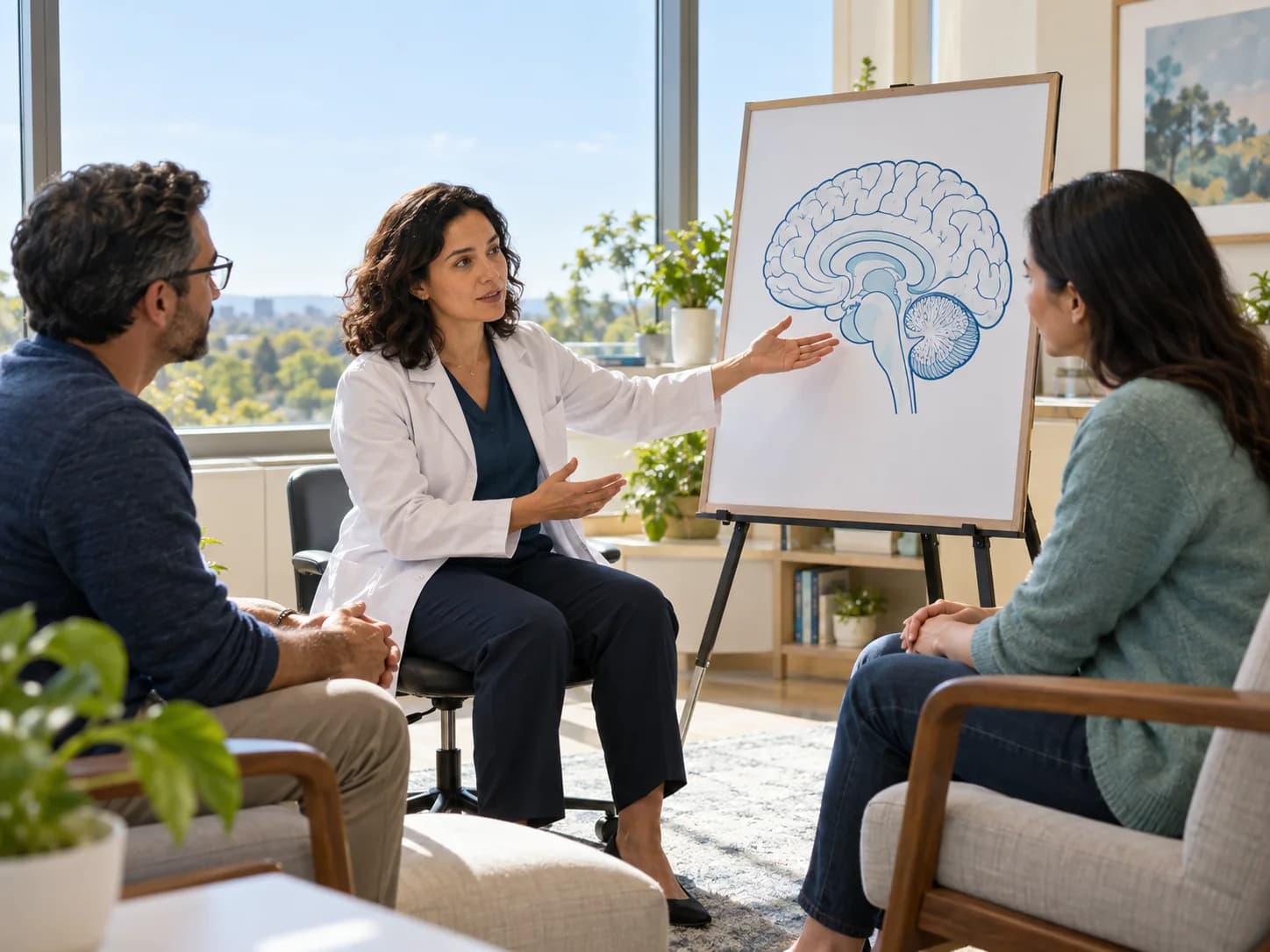 Illustrative scene of a clinician explaining a brain poster to two adults in a bright clinic.